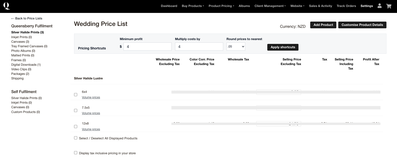 Volume pricing settings showing two quantity-based print prices