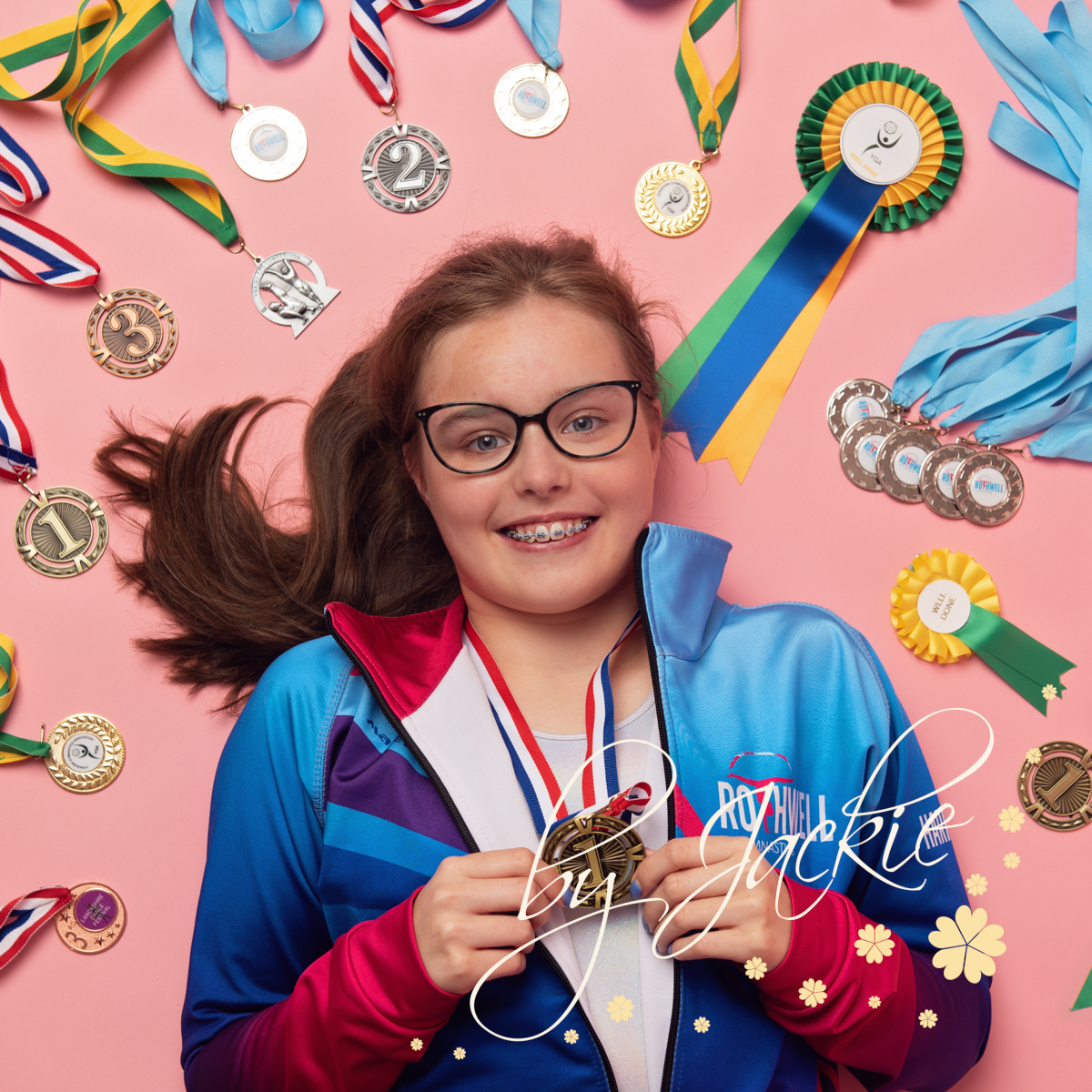 Teen Gymnast with Medals Portrait by Babies by Jackie