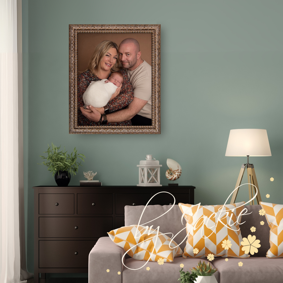 Bronze Framed Family Portrait Parents with new baby - Babies By Jackie
