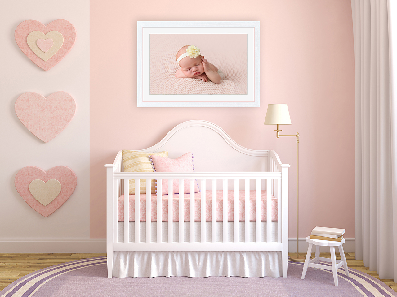 Baby girl's nursery with framed photo of newborn baby girl by Babies By Jackie Photography, York, Leeds, Harrogate