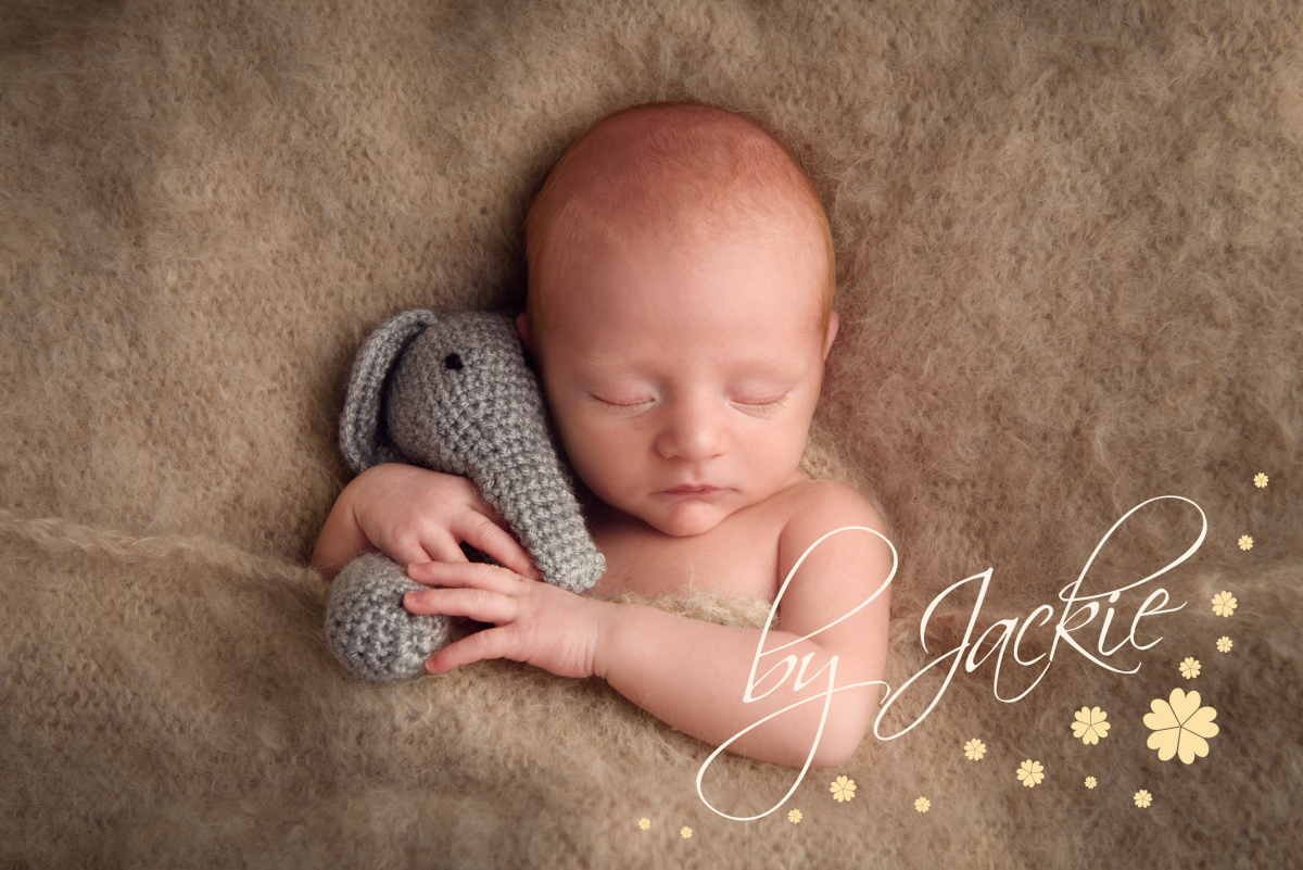 Baby boy cuddled up with his keepsake hand made elephant gift from Babies By Jackie in Yorkshire, UK