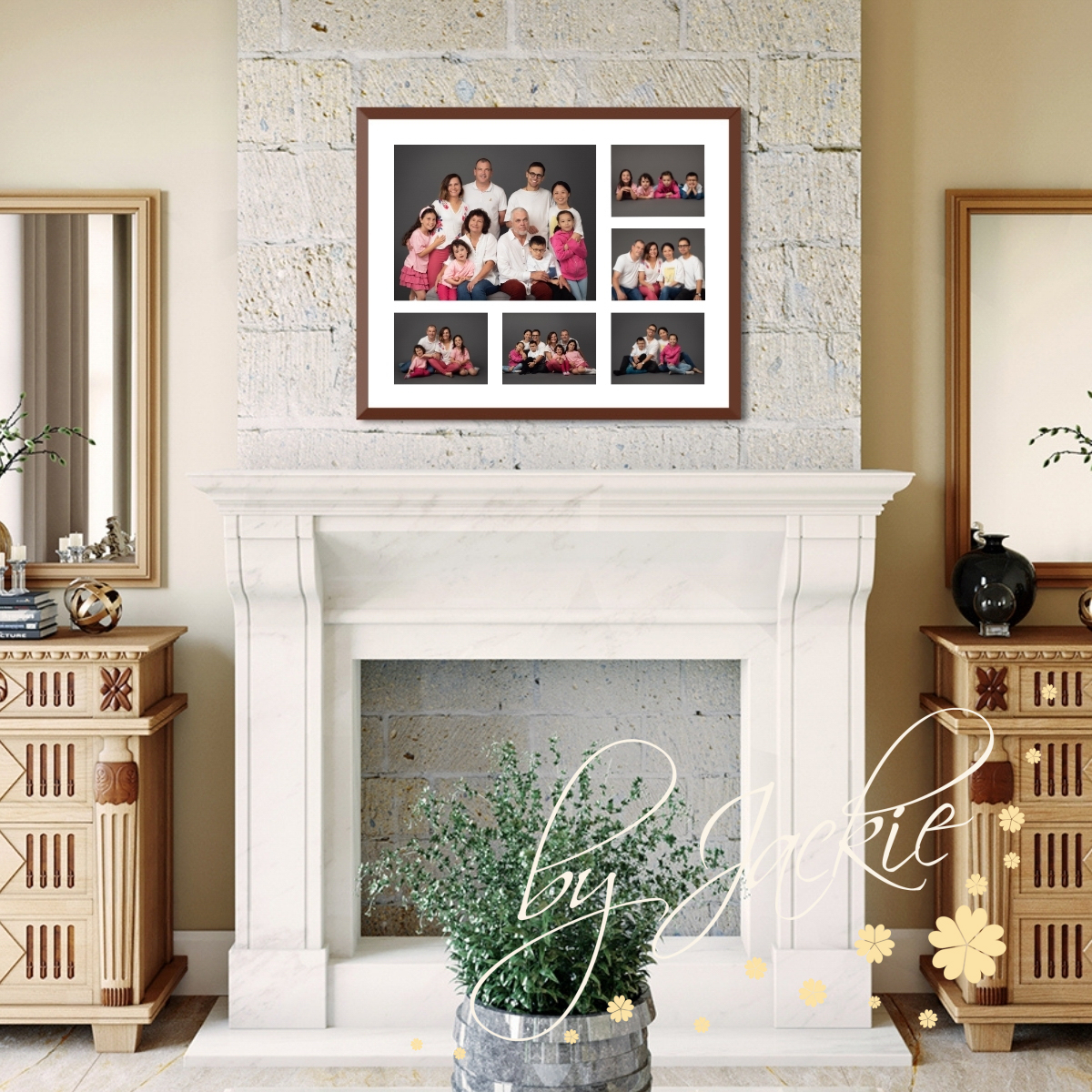 Framed Family Portrait above fireplace by Babies By Jackie