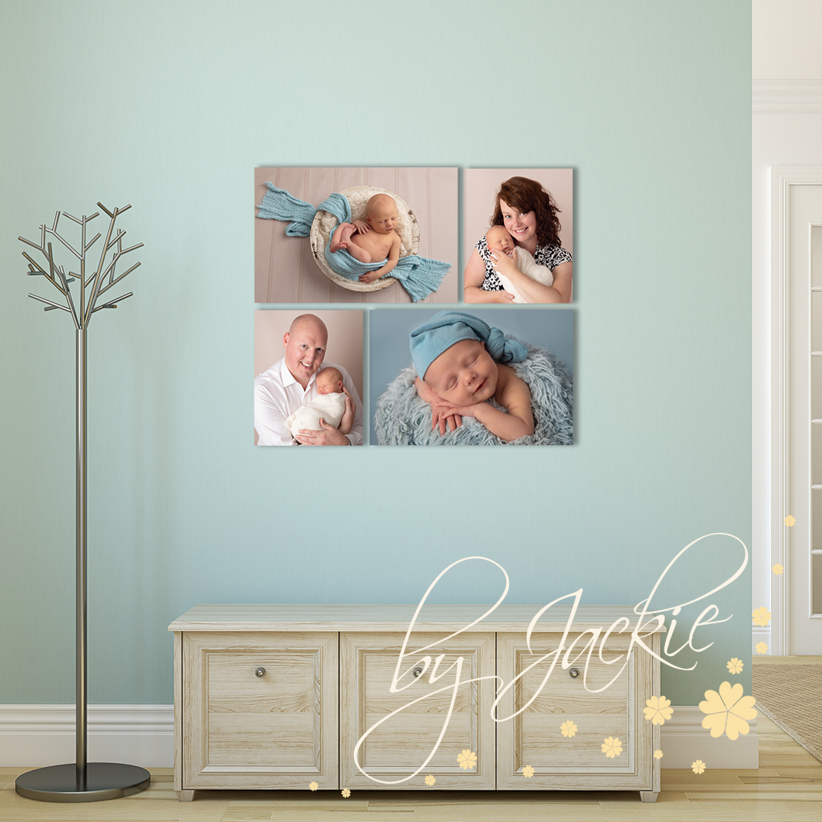 Selection of newborn portraits styled to suit aqua hallway. Copyright Babies by Jackie