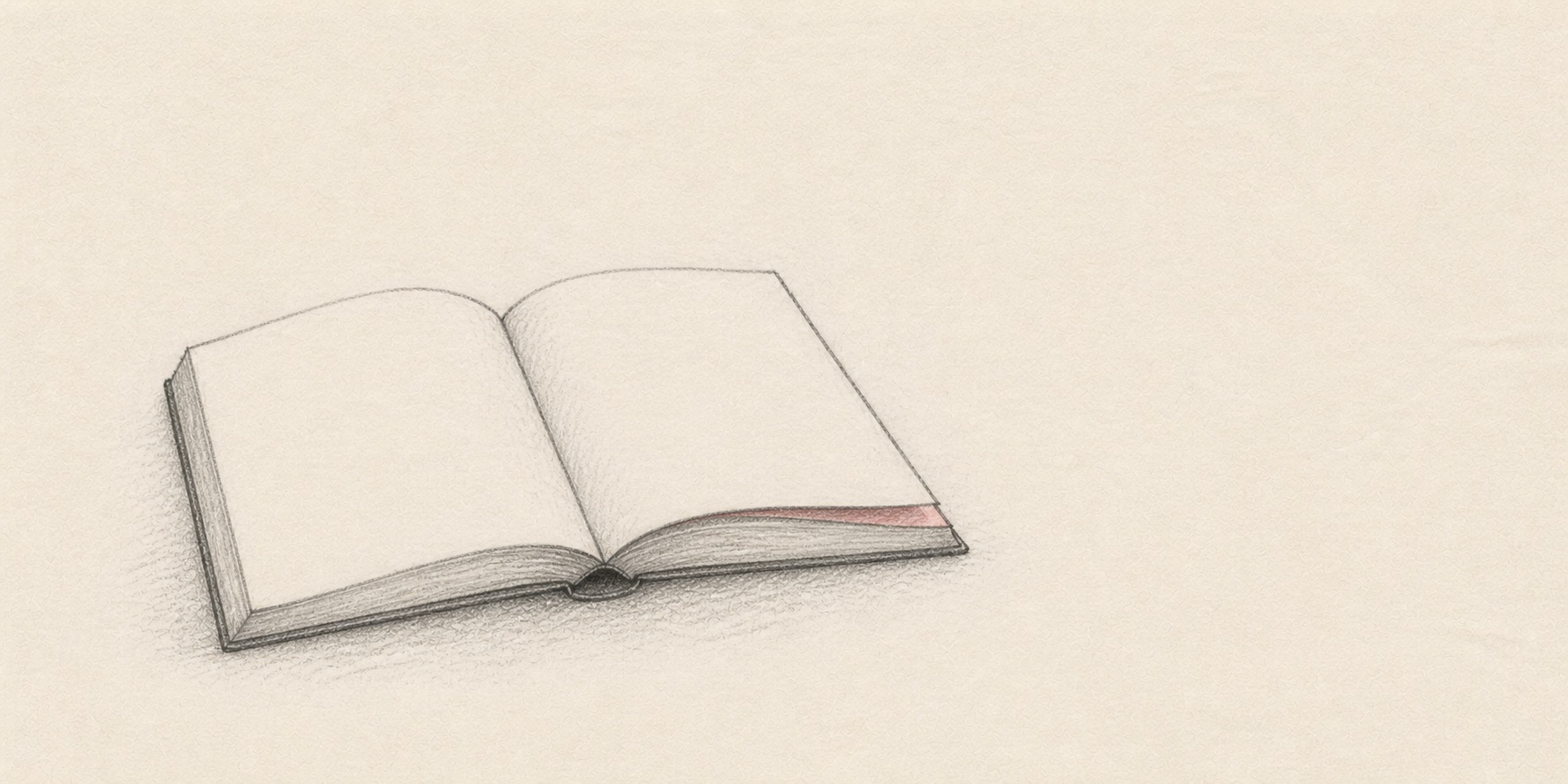 A sparse graphite sketch of an open book with one dusty-rose page still partly hidden beneath the visible spread.