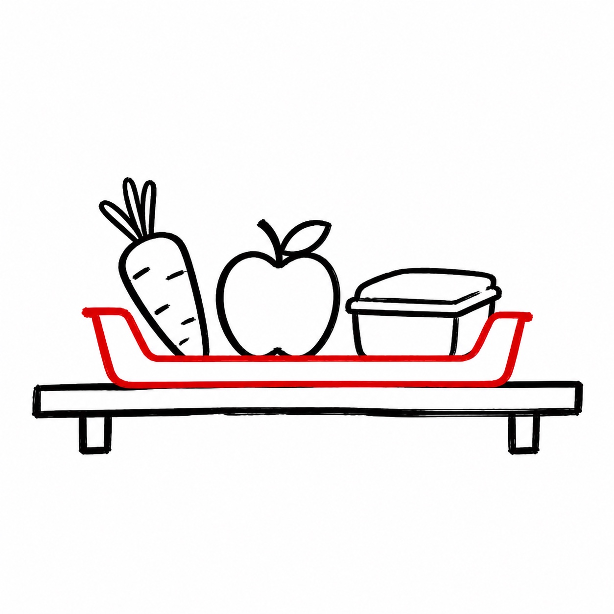 A hand-drawn red tray holds a black carrot, apple, and covered food container on a simple shelf.