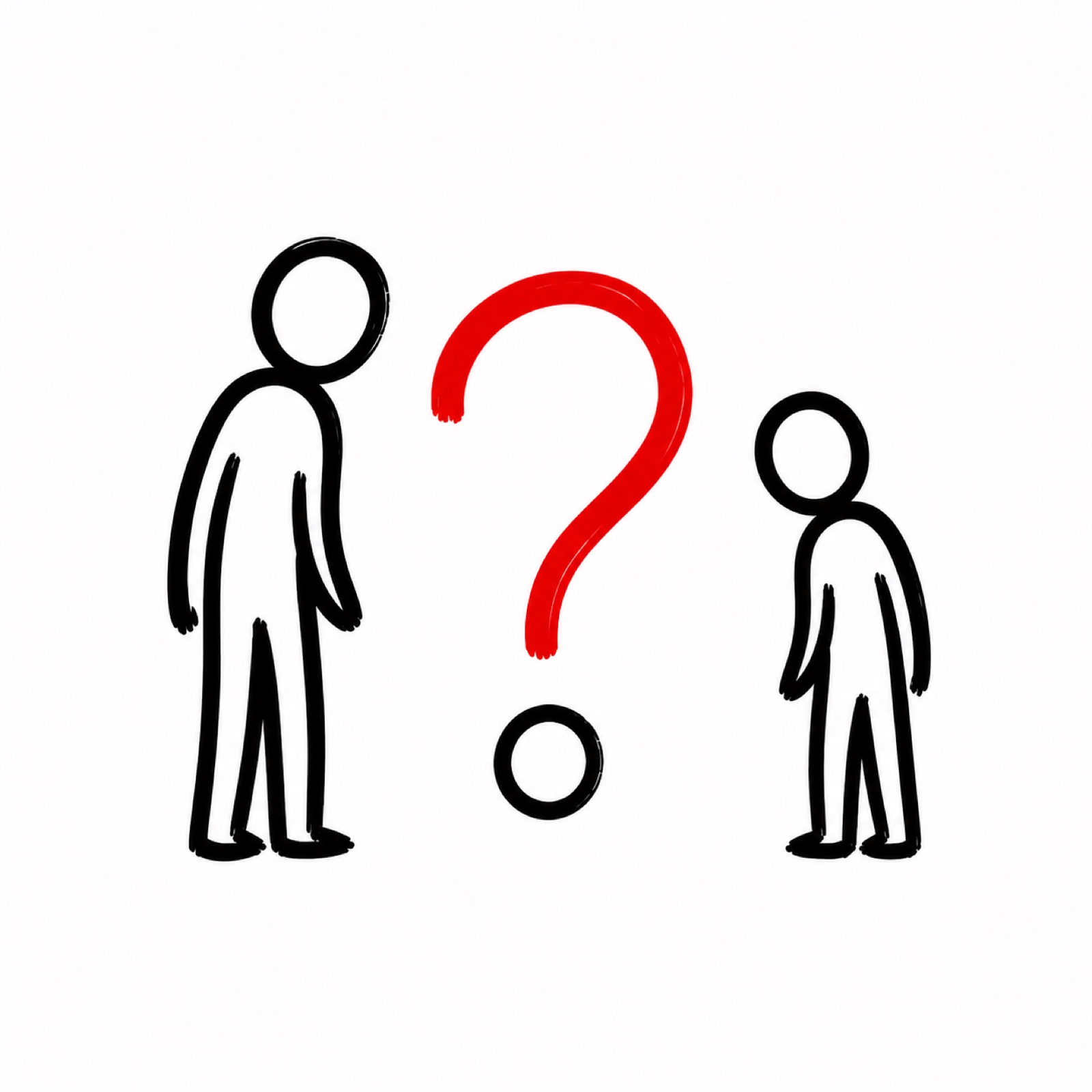 Black marker figures of an adult and young person consider the same red question mark.