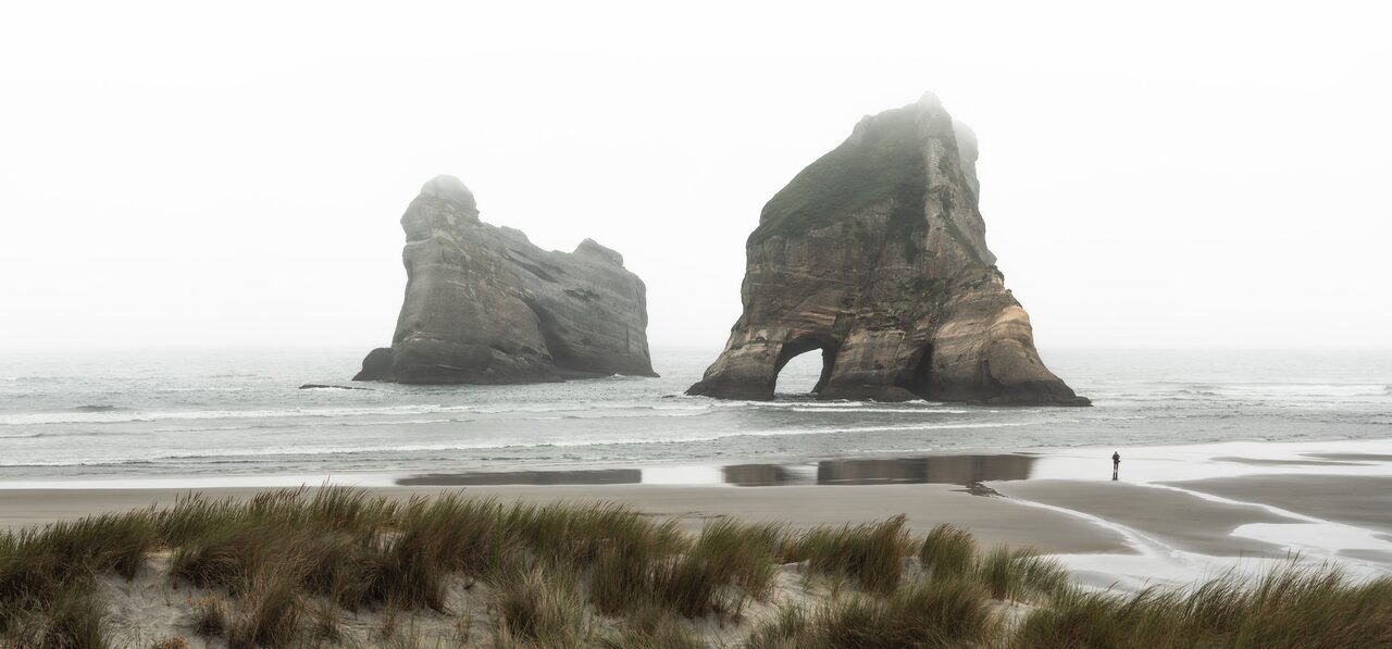 Wharariki Beach and the Archway Islands in mist, Golden Bay