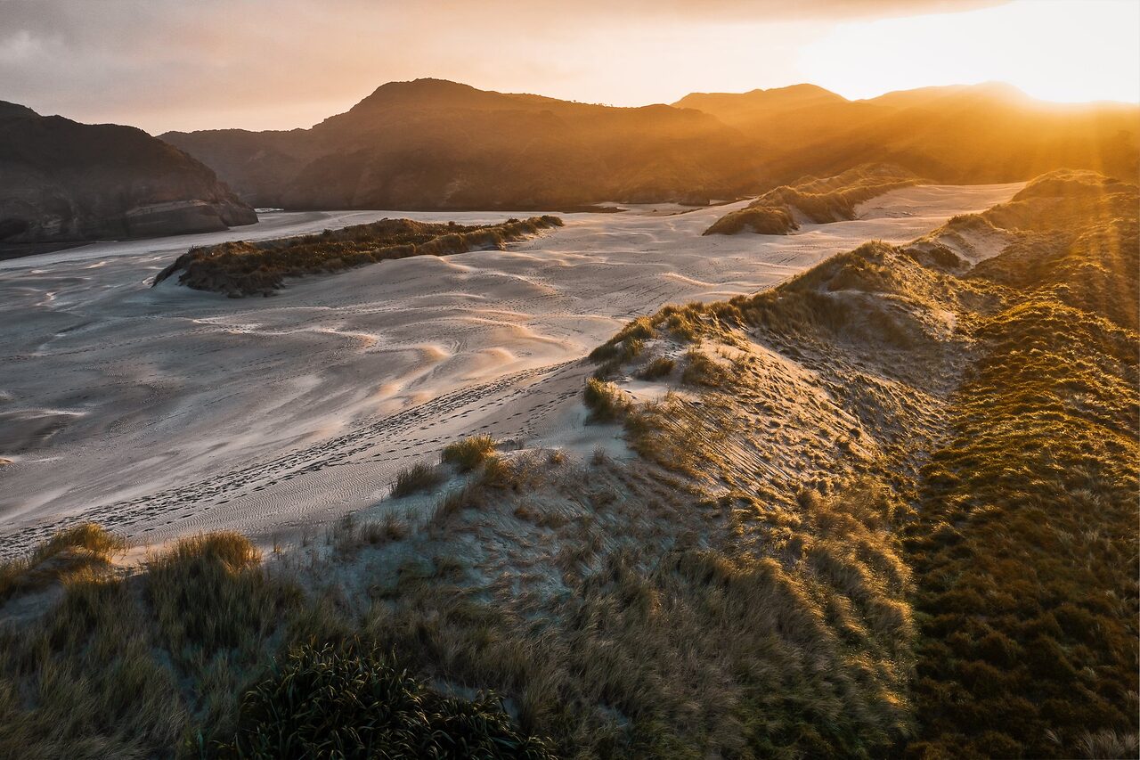 Wharariki Beach dunes at sunset, Golden Bay