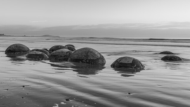 Moeraki Boulders 2 - Black and White Panorama