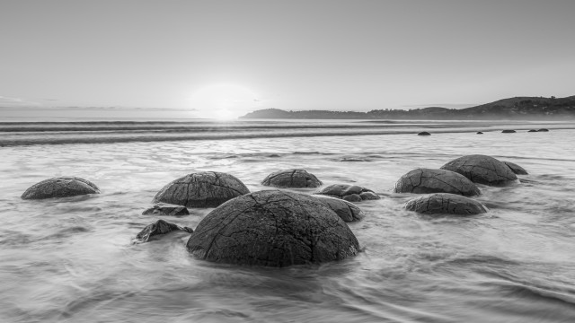 Moeraki Boulders 3 - Black and White Panorama