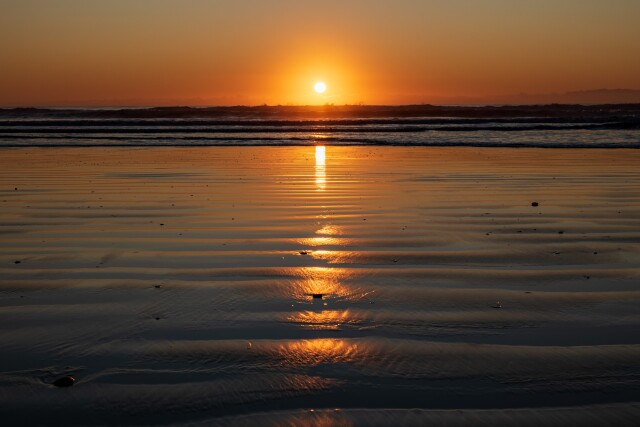 Reflecting sunrise at Moeraki Boulders