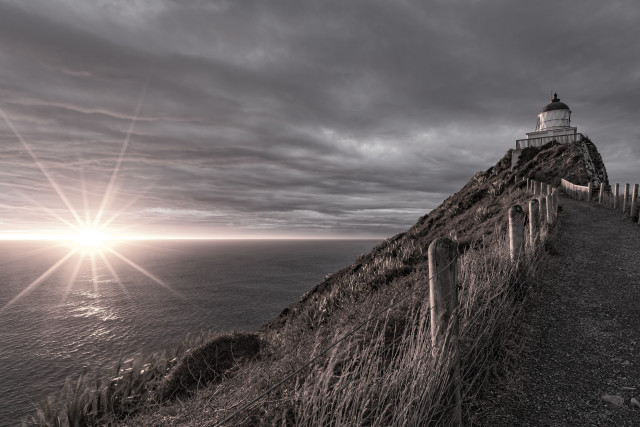 Nugget Point Lighthouse Sunrise - Black and White