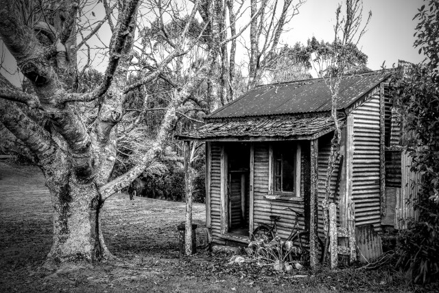 Stratford Shack, Stratford, Taranaki, New Zealand - Full black & white version.